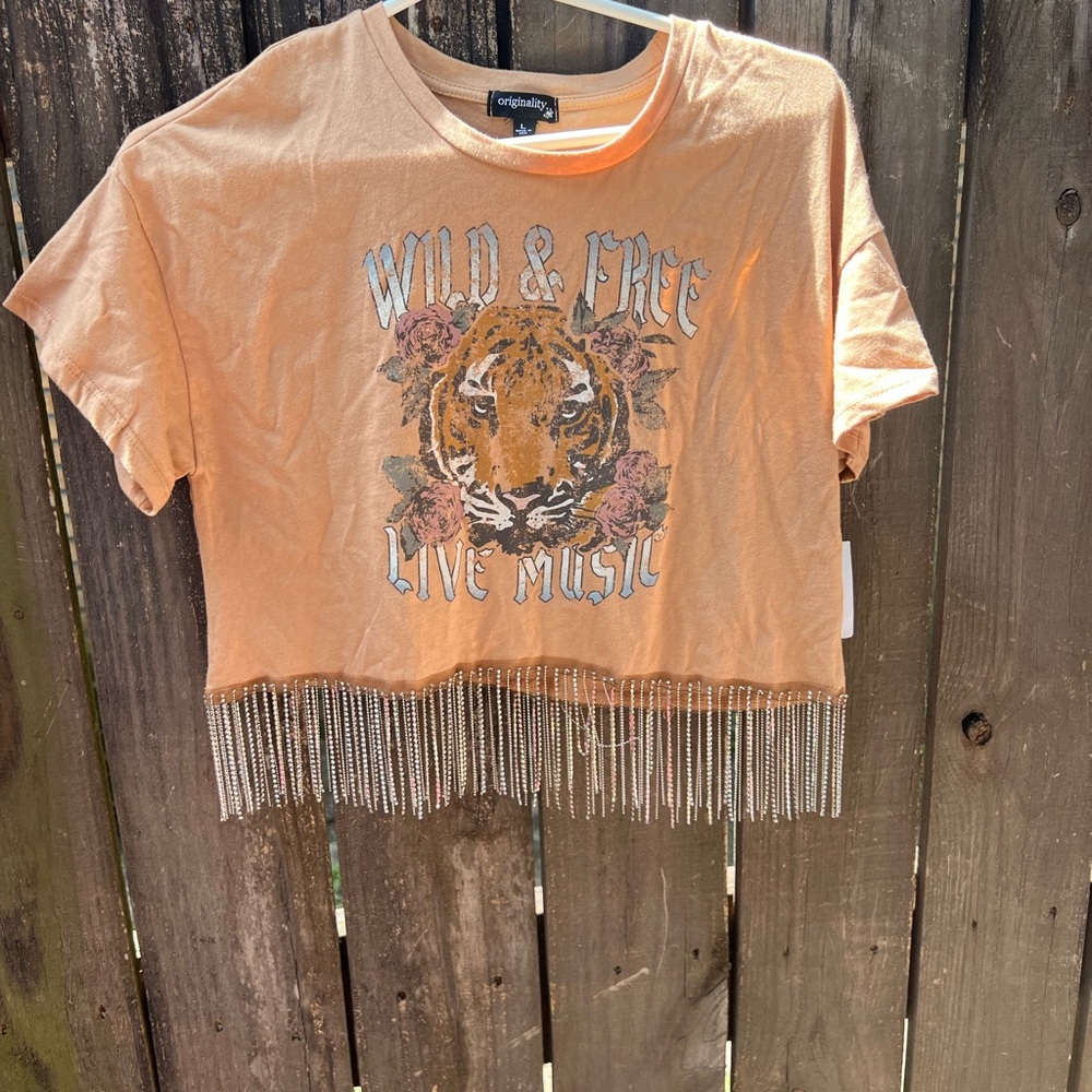 Originality Orange Short Sleeve Tee with Fringe and Tiger Graphic